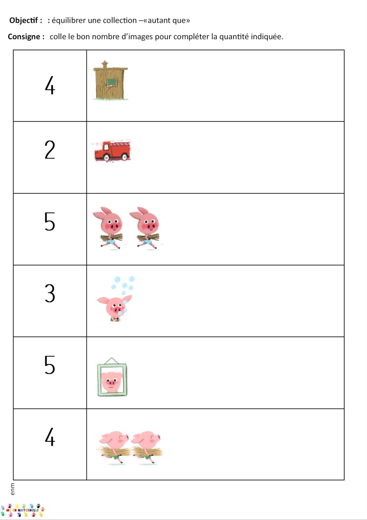 Les trois petits cochons activités de numération MS et GS