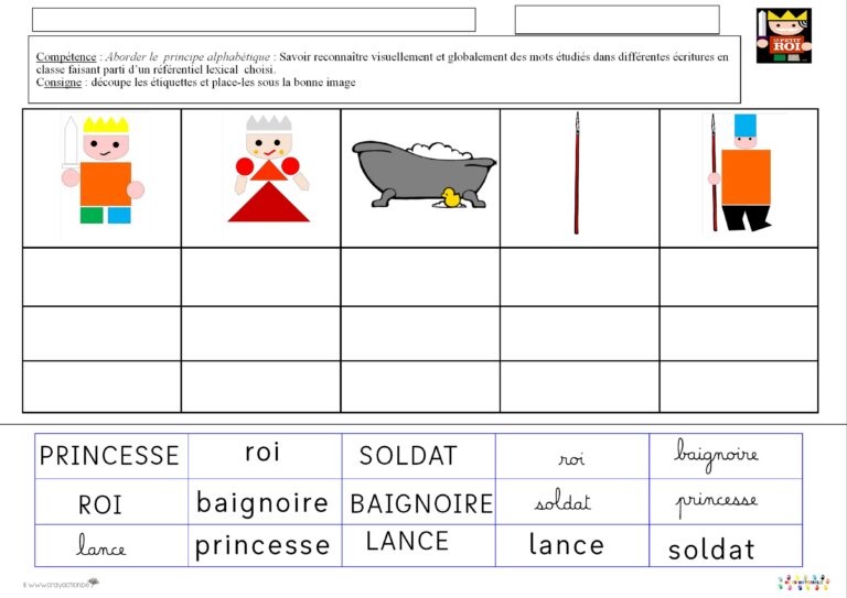 le tout petit roi : associer chaque image à son étiquette mot dans les 3 graphies