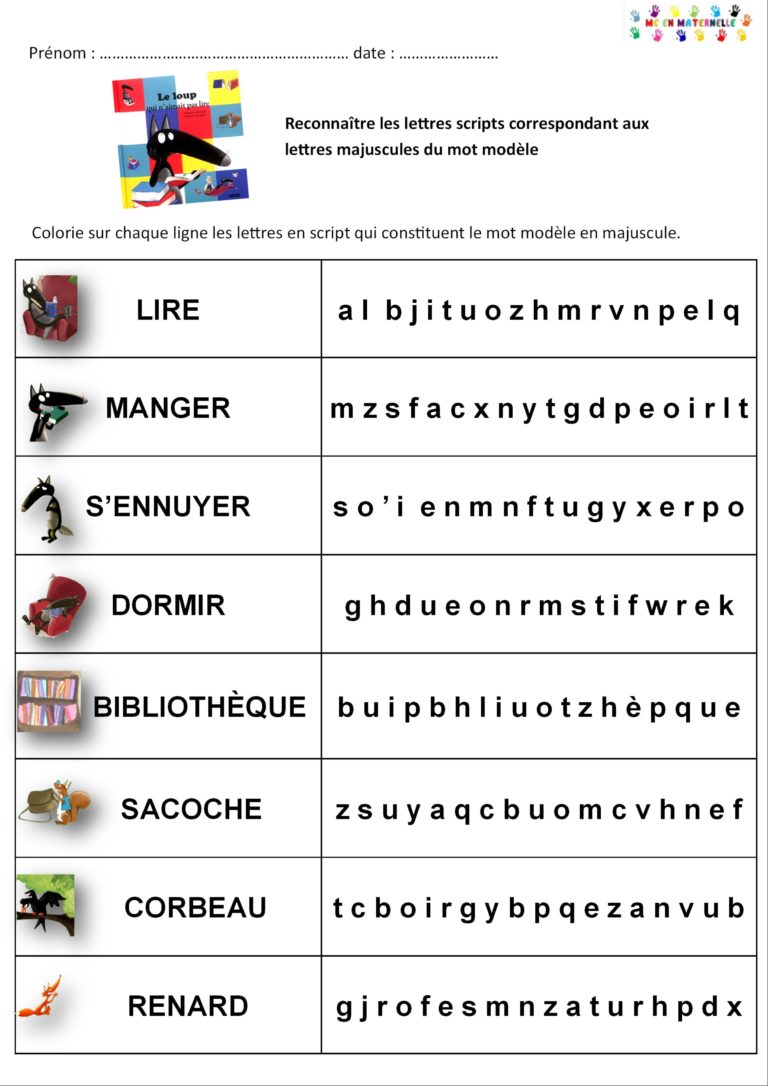 Le loup qui n’aimait pas lire : Reconnaître les lettres scripts correspondant aux lettres majuscules du mot modèle